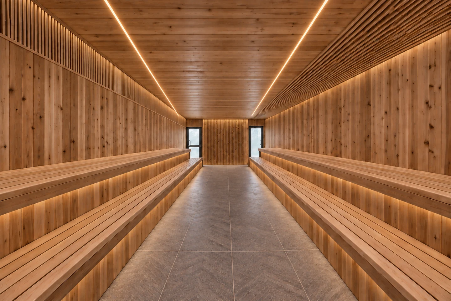 Wood sauna with illuminated benches